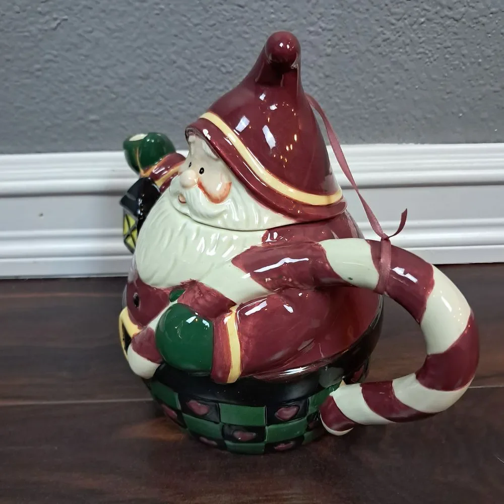 Vintage Christmas Santa Teapot Candy Cane Handle Ceramic Holiday Tea Pot Lantern